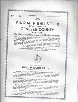 Item #183697 1939 Special Classified Farm Register Of All Farms Of Genesee County New York For...
