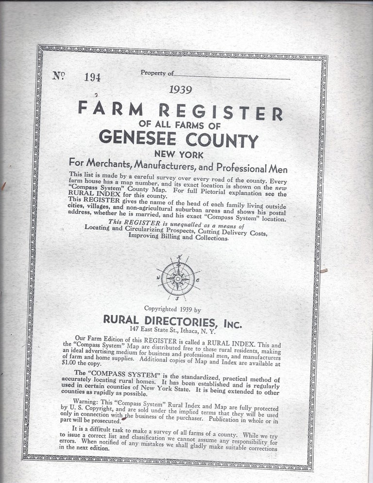 Item #183697 1939 Special Classified Farm Register Of All Farms Of Genesee County New York For Merchants, Manufacturers, And Professional Men. Rural Directories.