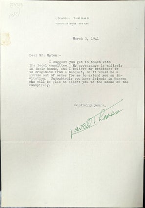 Item #356723 Lowell Thomas Typed Signed Note. Lowell Thomas